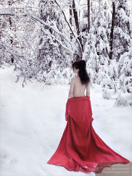 Woman in red kimono lowered down to her waist walking away in snow Stock photo of Woman in red kimono lowered down to her waist walking away in snow Buy commercial use license at MaximImages