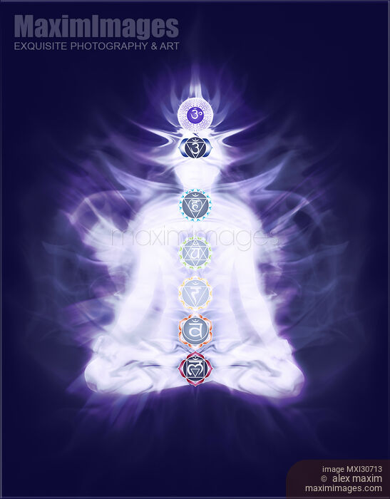 Stock image of Woman in Yoga meditation pose with colored chakra symbols Qi energy flow around her body Buy commercial use license at MaximImages