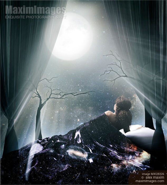 Stock photo of Woman lying in bed under a glowing moon in the night sky Buy commercial use license at MaximImages