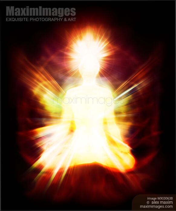 Stock image of Woman sitting in meditation pose emanating ethereal body Qi energy aura Buy commercial use license at MaximImages
