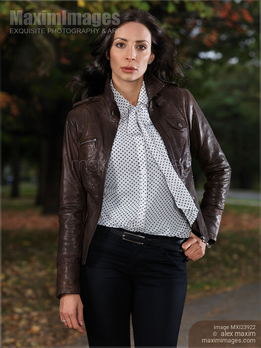 Woman Wearing a Brown Leather Jacket Stock photo of Woman Wearing a Brown Leather Jacket Buy commercial use license at MaximImages
