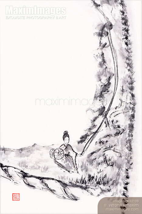 Woman weaving a thread a part of the classial Daoist NeiJing Tu chart painting Stock image of Woman weaving a thread a part of the classial Daoist NeiJing Tu chart painting Buy commercial use license at MaximImages