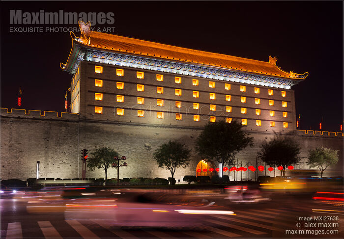 Stock photo of Xi'an city wall North gate at night Buy commercial use license at MaximImages