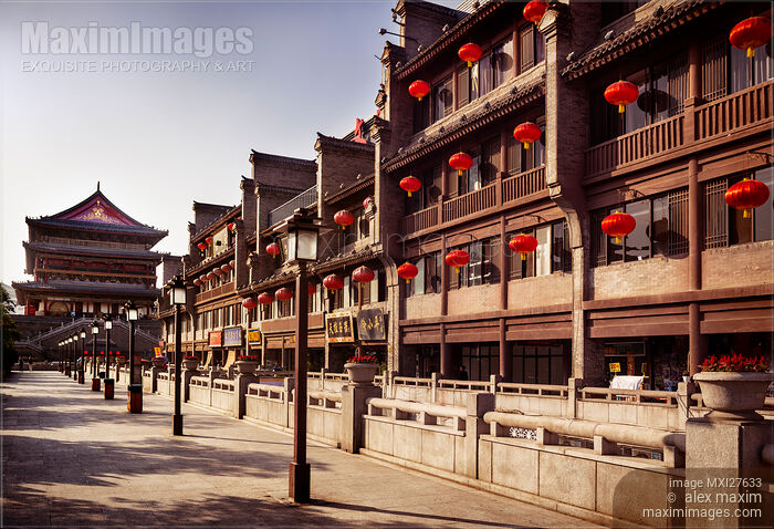 Stock photo of Xi'an Drum Tower and hotels in China Buy commercial use license at MaximImages