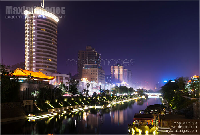 Stock photo of Xi'an nighttime city canal scenery Buy commercial use license at MaximImages