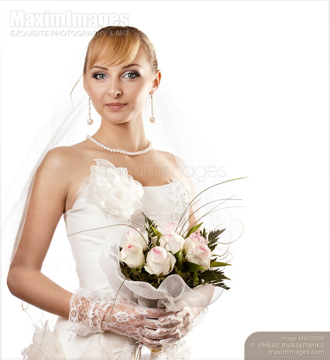 Young Beautiful Smiling Bride with a Bunch of White Roses Stock photo of Young Beautiful Smiling Bride with a Bunch of White Roses Buy commercial use license at MaximImages