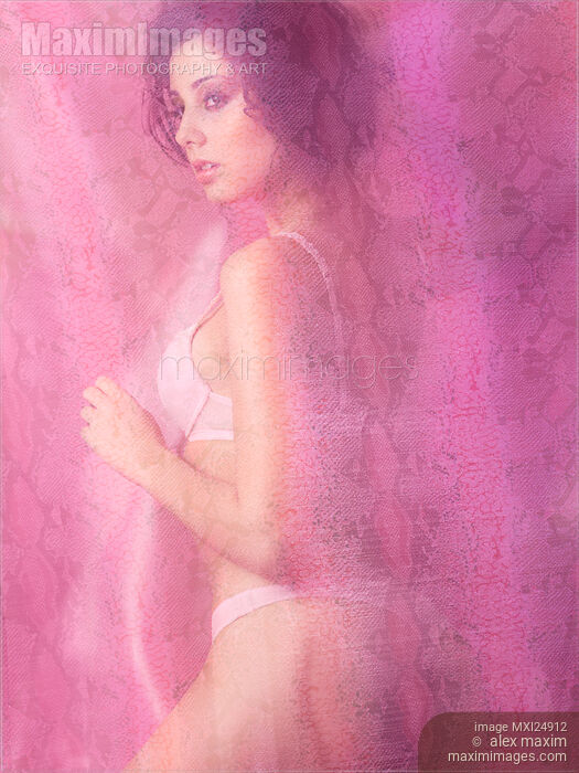 Stock photo of Young beautiful woman behind pink sheer fabric Buy commercial use license at MaximImages