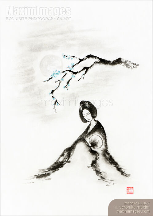 Stock image of Young geisha sitting under a sakura tree in the light of the full moon Buy commercial use license at MaximImages