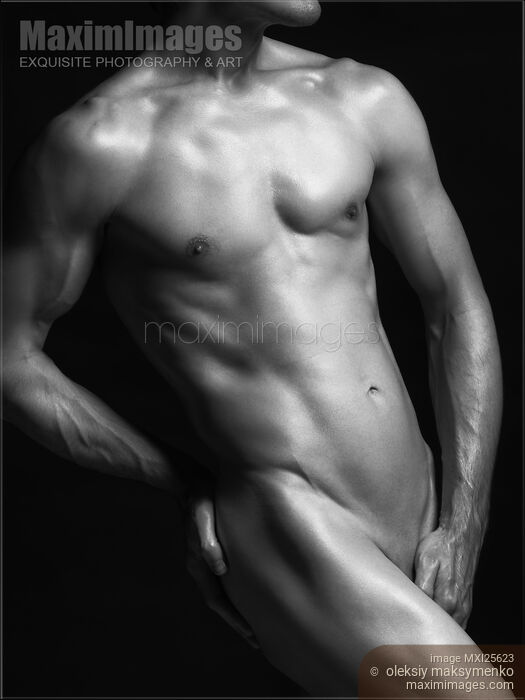 Stock photo of Young nude man slim fit body black and white Buy commercial use license at MaximImages