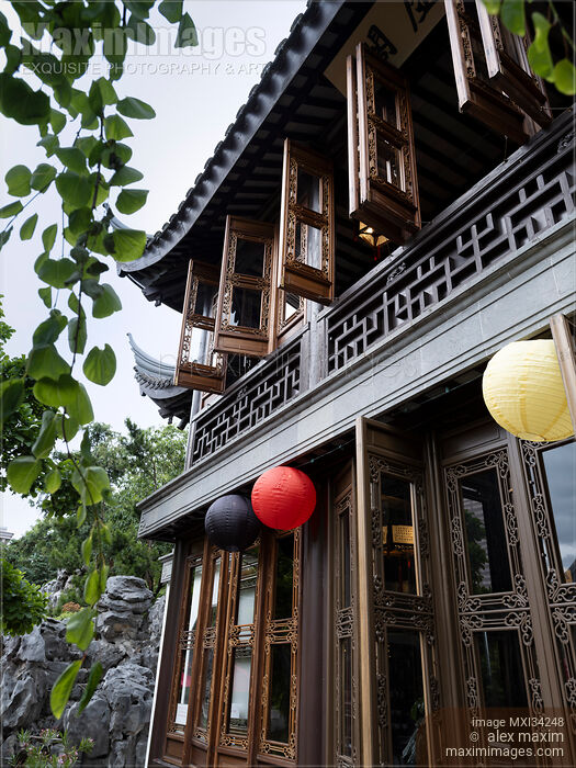Stock photo of Yun Shui Teahouse in Lan Su Chinese Garden in Portland Oregon Buy commercial use license at MaximImages