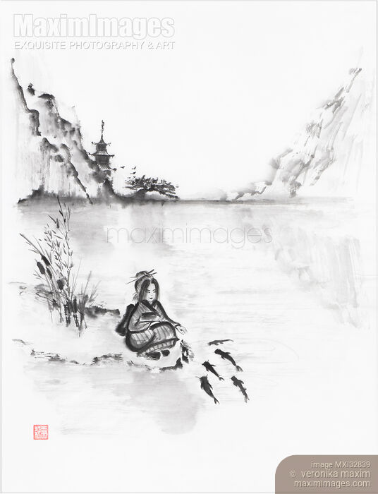 Zen ink painting of a Japanese peasant girl by the pond feeding catfish Stock image of Zen ink painting of a Japanese peasant girl by the pond feeding catfish Buy commercial use license at MaximImages