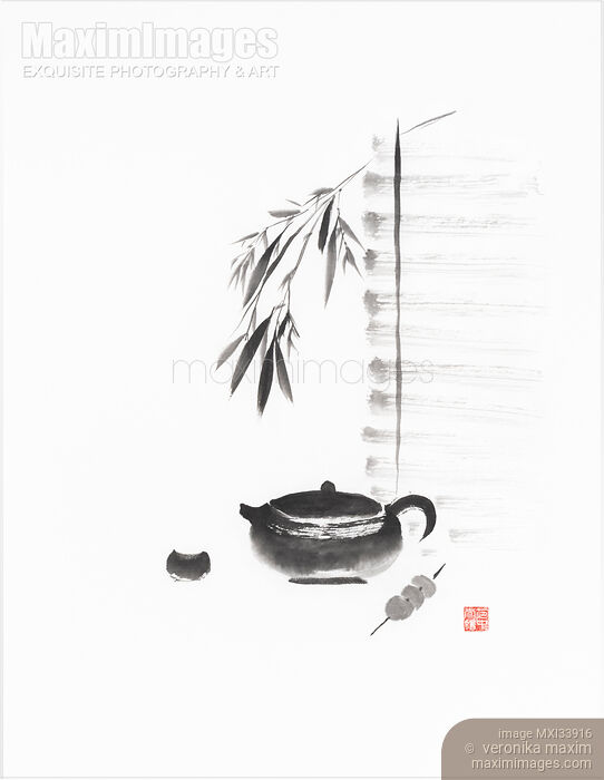 Stock image of Zen style sumi-e ink painting of a teapot with a cup and mochi black on white illustration Buy commercial use license at MaximImages