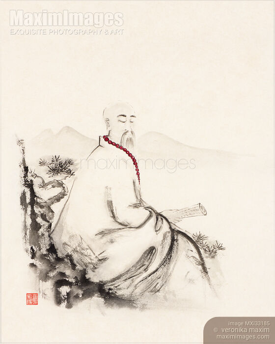 Stock image of Zen sumi-e artwork of an old asian scholar monk meditating with a scroll in his hand Buy commercial use license at MaximImages