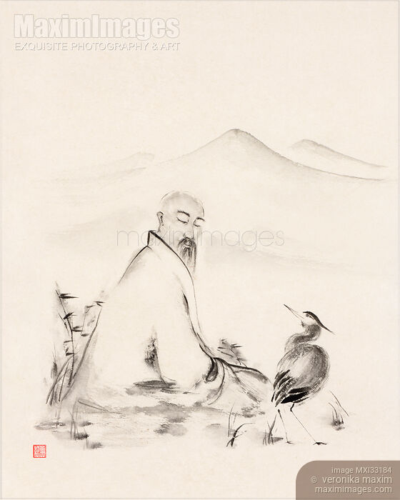 Stock image of Zen Sumi-e artwork of an old sage and a heron conversing by the lake Buy commercial use license at MaximImages
