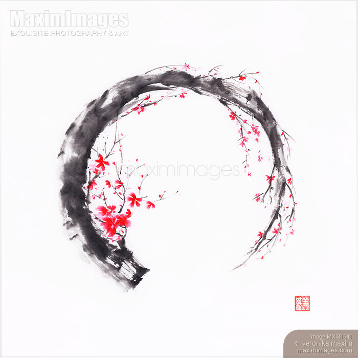Zen sumi-e conceptual painting of Enso ring as a pink cherry blossom branch