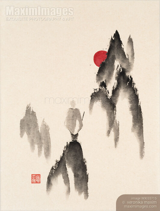 Stock image of Zen sumi-e ink painting of a young Buddhist monk on top of a mountain with a distant torii gate ahead Buy commercial use license at MaximImages