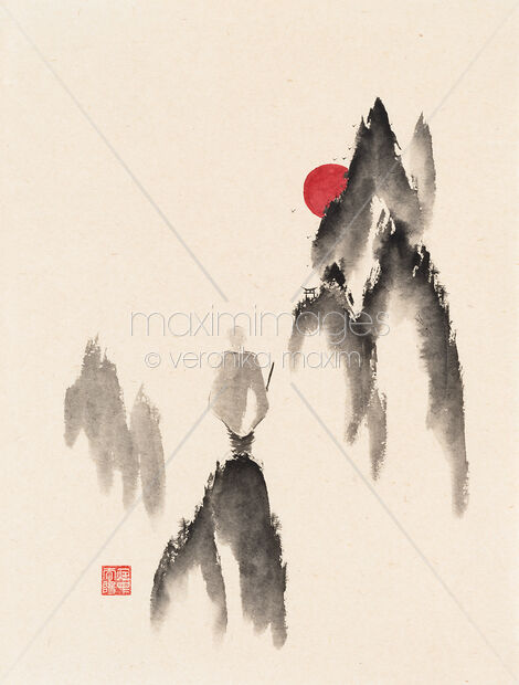 Zen sumi-e ink painting of a young Buddhist monk on top of a mountain with a distant torii gate ahead Original Artwork of Zen sumi-e ink painting of a young Buddhist monk on top of a mountain with a distant torii gate ahead Buy this Painting at MaximImages