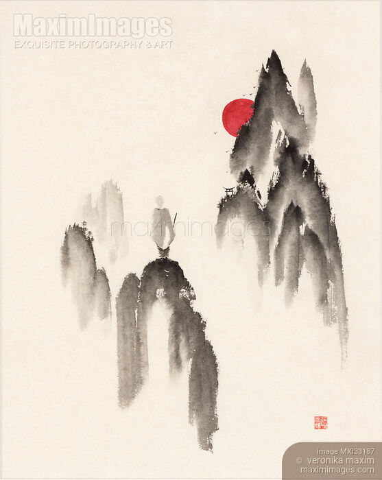 Stock image of Zen sumi-e ink painting of a young Buddhist monk on top of misty mountains with distant temple ahead Buy commercial use license at MaximImages