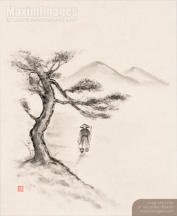 Zen sumi-e painting artwork of a wayfarer, wandering Taoist monk, walking away to the distant mountains Stock image of Zen sumi-e painting artwork of a wayfarer, wandering Taoist monk, walking away to the distant mountains Buy commercial use license at MaximImages