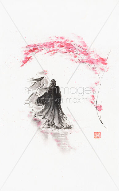 Original Artwork of Zen Sumi-e painting of a couple in robes walking away under pink plum blossom in the wind Buy this Painting at MaximImages