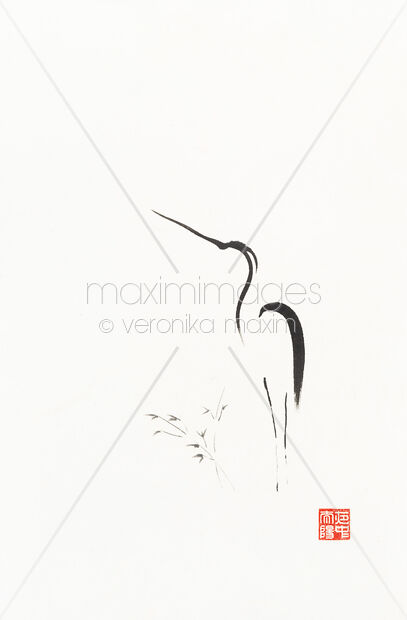 Zen Sumi-e painting of a graceful tall heron and young bamboo Original Artwork of Zen Sumi-e painting of a graceful tall heron and young bamboo Buy this Painting at MaximImages