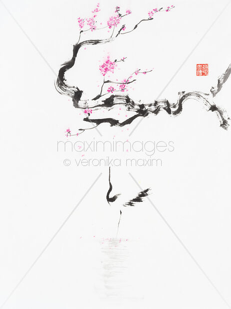 Zen sumi-e painting of a heron standing in a lake under a blossoming cherry tree