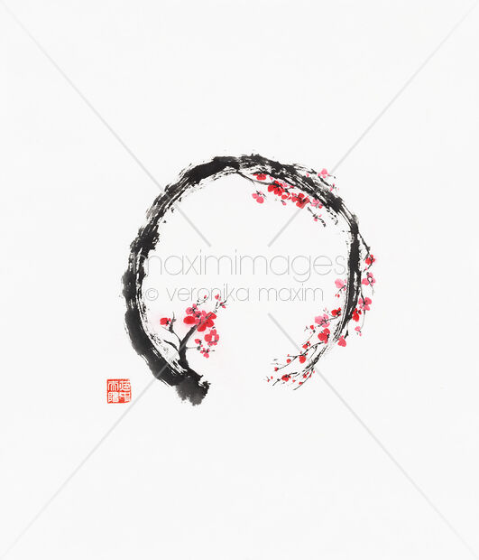 Zen Sumi-e painting of a red cherry blossom branch as Enso circle Original Artwork of Zen Sumi-e painting of a red cherry blossom branch as Enso circle Buy this Painting at MaximImages