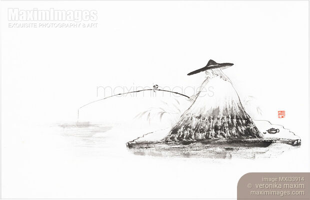 Zen sumi-e painting of an old sage Lao Tzu fishing in a lake