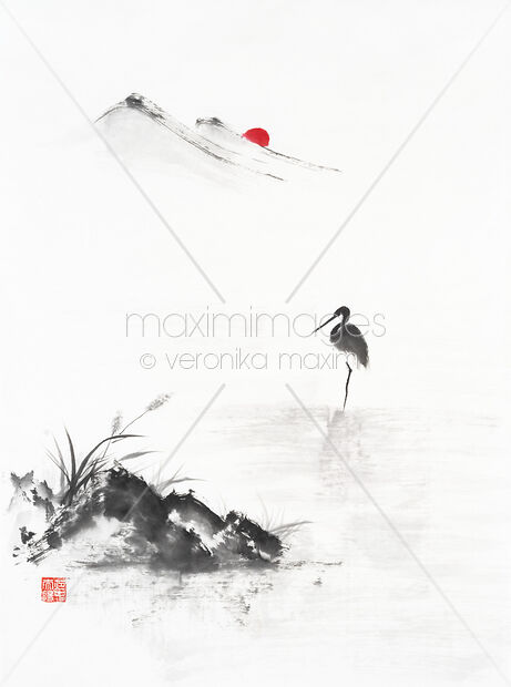 Original Artwork of Zen sumi-e painting of heron standing in a lake with red sun rising behind mountains Buy this Painting at MaximImages