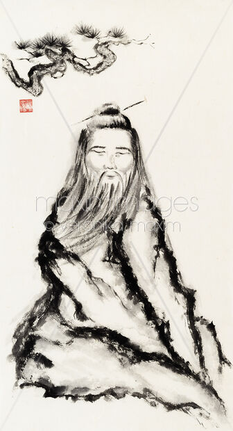 Zen Sumi-e painting of old sage meditating under pine branch Original Artwork of Zen Sumi-e painting of old sage meditating under pine branch Buy this Painting at MaximImages