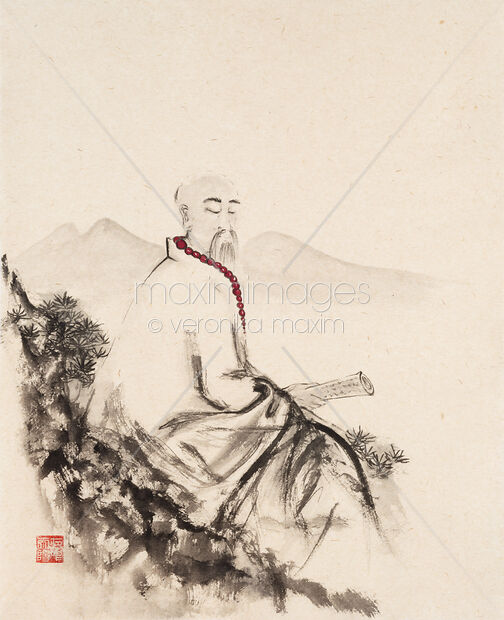 Zen sumi-e painting on beige rice paper of an old asian scholar monk meditating with a scroll in his hand Original Artwork of Zen sumi-e painting on beige rice paper of an old asian scholar monk meditating with a scroll in his hand Buy this Painting at MaximImages