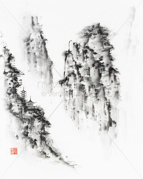Zen sumi-e painting on rice paper of a Floating misty mountains ethereal landscape with a temple on a cliff Original Artwork of Zen sumi-e painting on rice paper of a Floating misty mountains ethereal landscape with a temple on a cliff Buy this Painting at MaximImages