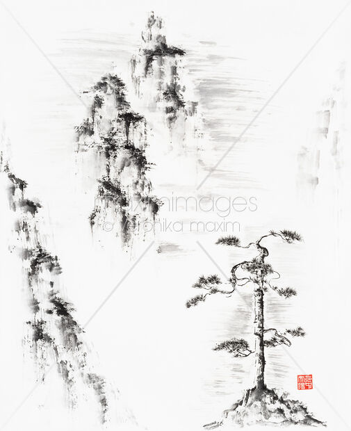 Original Artwork of Zen sumi-e painting on rice paper of a Pine tree in a misty mountain landscape Buy this Painting at MaximImages