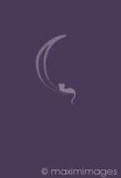 Cat lying on the waning moon artistic illustration design in purple colors