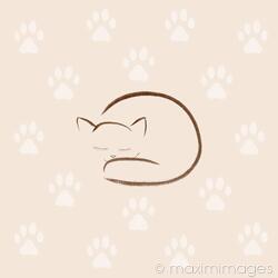 Cute snuggled sleeping cat artistic illustration with paw prints on beige background