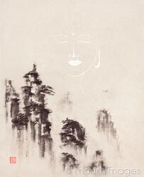 Fine art painting of a Zen Buddhist monk standing on a mountain peak facing a faint Buddha face in the sky