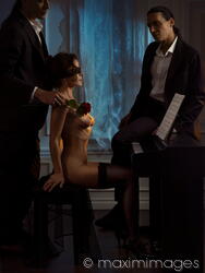 Menage a trois, romantic trio of two gentlemen seducing a gorgeous woman playing piano naked