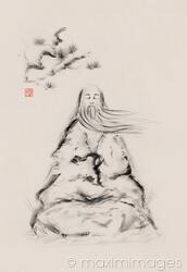Old Taoist sage master Laozi meditating under a pine branch Zen illustration