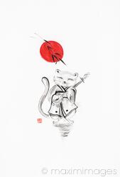 Sumi-e painting of a cat walking in kimono playing a stringed musical instrument under red sun