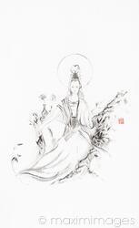 Sumi-e painting of Guanyin 觀音 goddess of mercy and compassion sitting with a scroll in her hand. Kwan Yin, Kannon, Avalokiteśvara.
