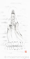 Sumi-e painting of Guanyin goddess of mercy and compassion standing on a lotus