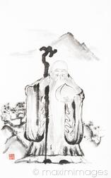 Sumi-e painting of Shou Chinese God of Longevity holding peach or gourd symbol of the elixir of life and immortality