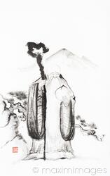Sumi-e painting of Shou Chinese God of Longevity with staff and peach or gourd elixir of life and immortality