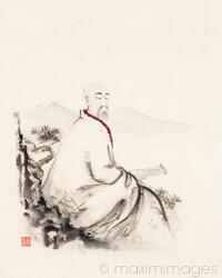 Zen sumi-e artwork of an old asian scholar monk meditating with a scroll in his hand