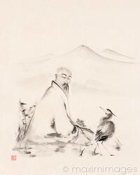 Zen Sumi-e artwork of an old sage and a heron conversing by the lake