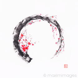Zen sumi-e conceptual painting of Enso ring as a pink cherry blossom branch