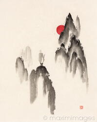 Zen sumi-e ink painting of a young Buddhist monk on top of misty mountains with distant temple ahead