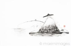 Zen sumi-e painting of an old sage Lao Tzu fishing in a lake